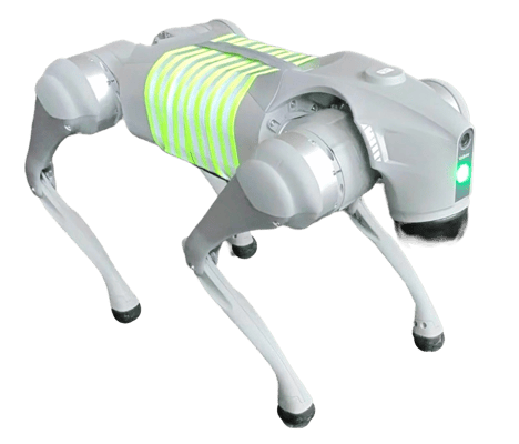 A photo of REG a robot dog with fluorescent stripes, standing