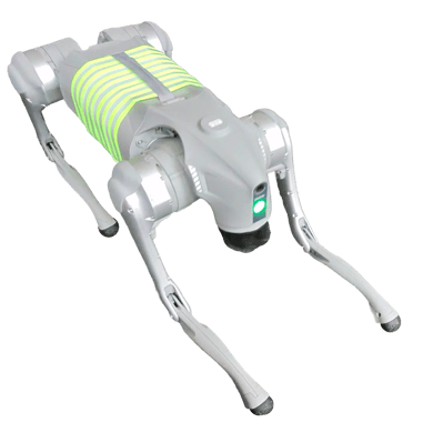 A photo of REG a robot dog with fluorescent stripes, streching