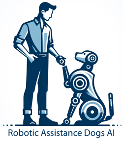 website logo showing a man shaking hands with a robot dog - Robotic Assistance Dogs AI